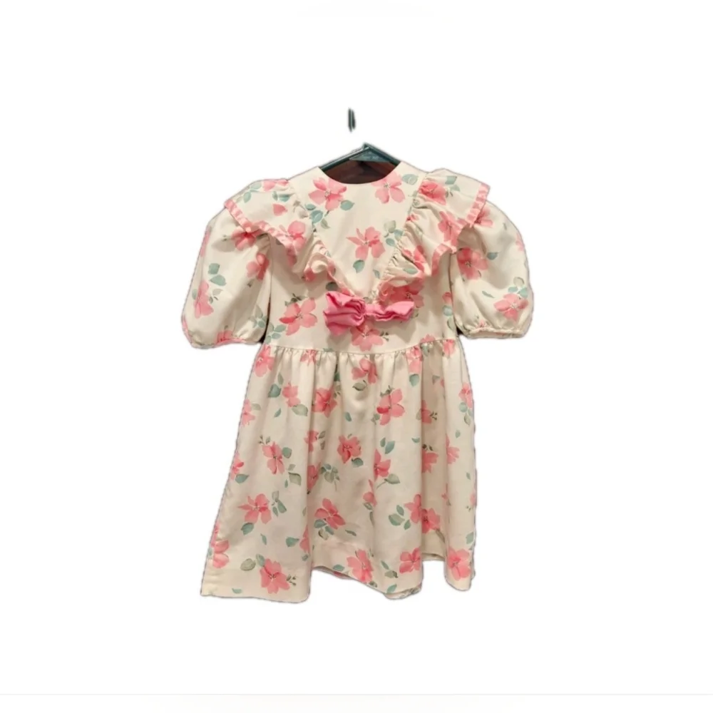 Vintage 80s Nannette Cottagecore Floral Ruffle Dress  Puff‎ Sleeves Size 5 Retro